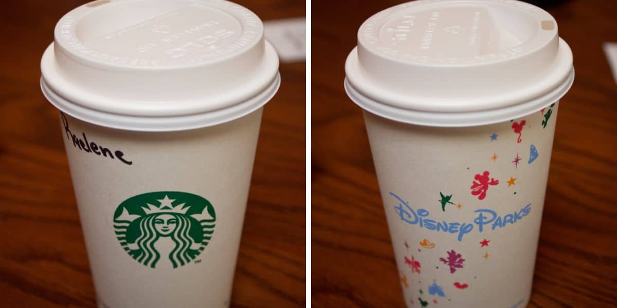 The front and back of a Starbucks hot coffee cup that you'd get at Disneyland or Walt Disney World.