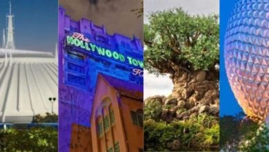 Four theme park icons: a white futuristic building (Space Mountain), a neon-lit Hollywood Tower Hotel, a large tree with animal carvings, and a geodesic sphere with a silver triangular pattern, all set against blue skies.