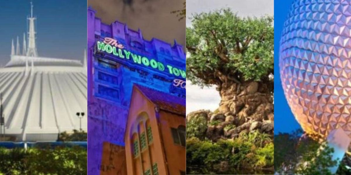 Four theme park icons: a white futuristic building (Space Mountain), a neon-lit Hollywood Tower Hotel, a large tree with animal carvings, and a geodesic sphere with a silver triangular pattern, all set against blue skies.