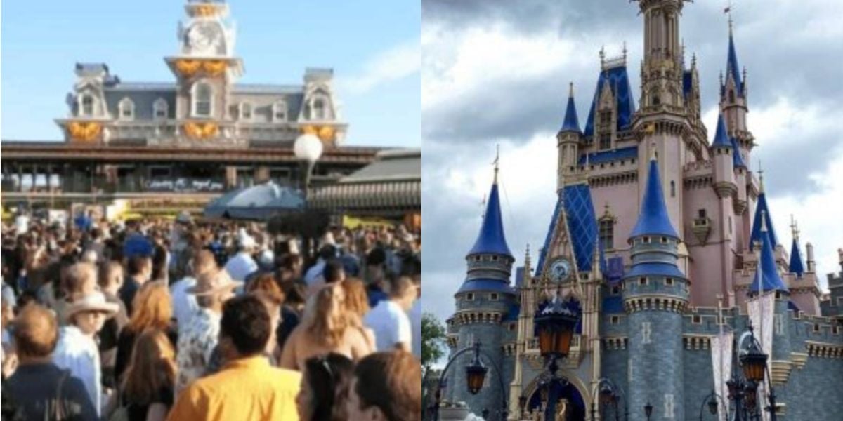Split image: On the left, a large crowd gathers near a grand entrance building; on the right, a fairytale castle with blue rooftops stands under a cloudy sky.