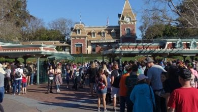 People waiting outside the entrance to Disneyland Park in Anaheim, California.