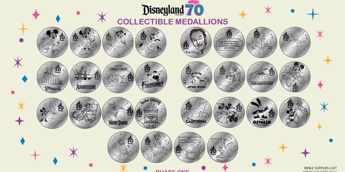 A collection of 24 silver Disneyland 70th anniversary collectible souvenir medallions, each featuring different Disney attractions, icons, and characters.