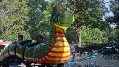 Children ride a dragon kiddie roller coaster, similar to the one involved in a recent viral accident.