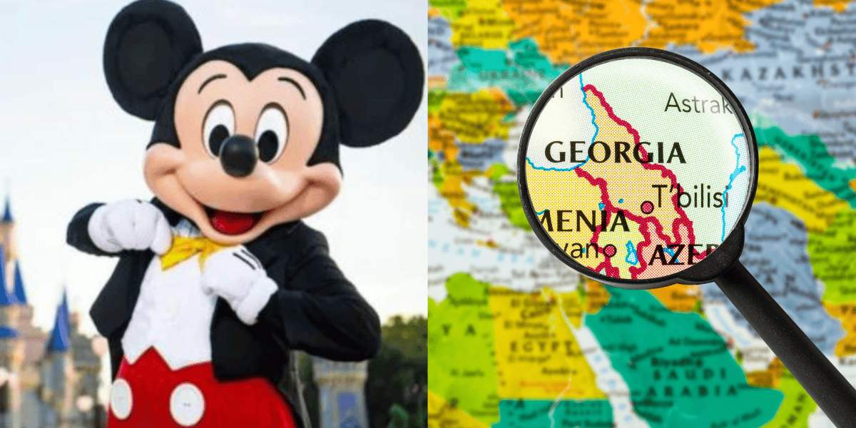 Mickey Mouse poses near a castle on the left, while a map of the country Georgia is shown on the right, with a magnifying glass highlighting Georgia’s location.