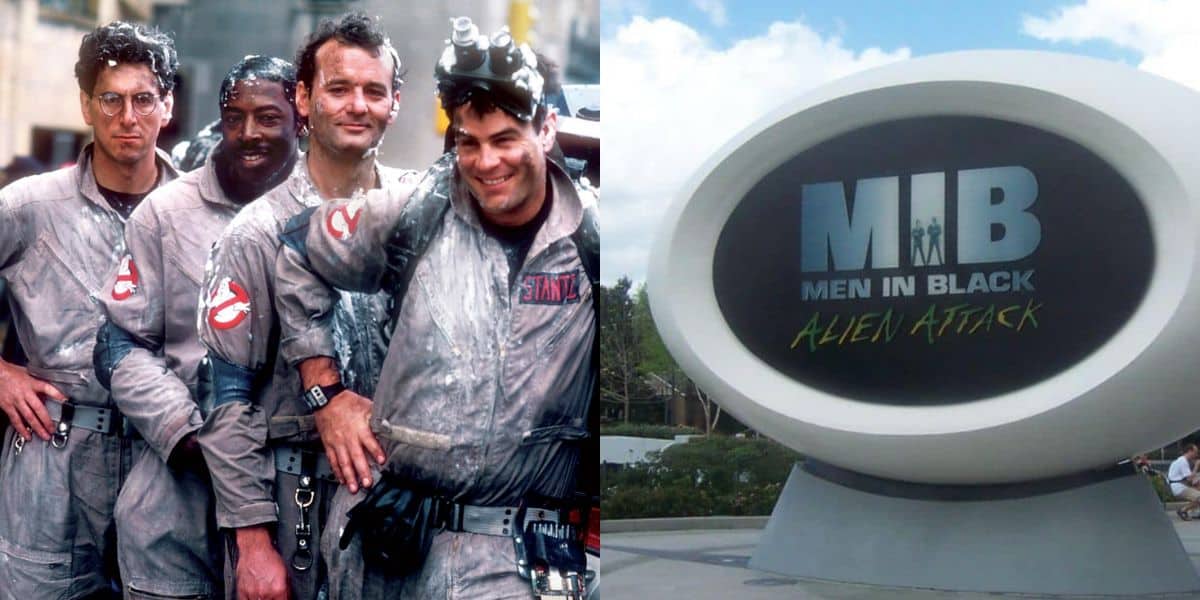 On the left, four men in Ghostbusters uniforms stand together smiling. On the right, a large sign reads "MIB Men In Black Alien Attack" at an outdoor location.