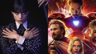 On the left, a girl with dark braided hair and a polka-dot dress crosses her arms over her chest. On the right, four superheroes in colorful costumes stand together, with one in red armor at the top.