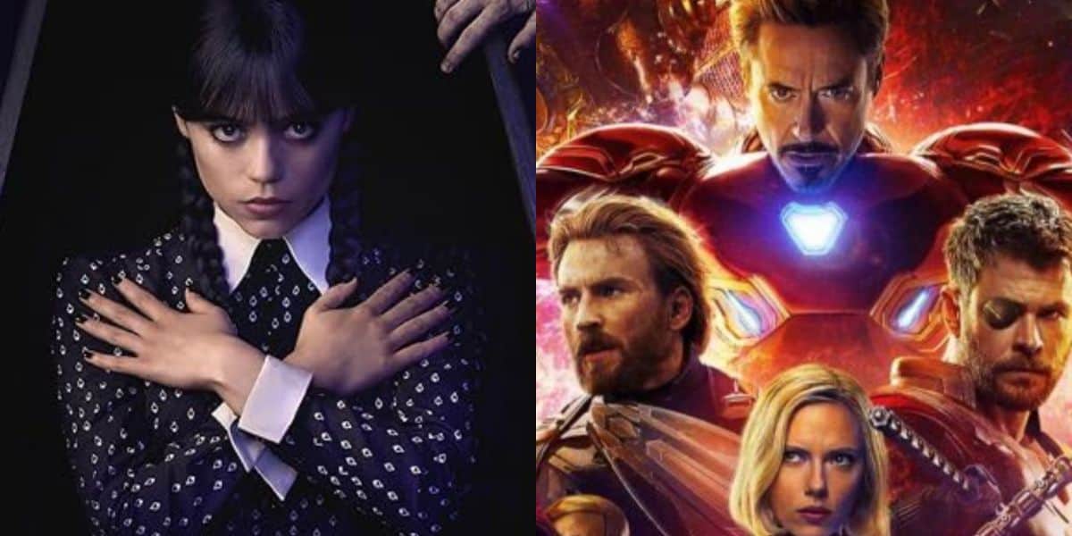 On the left, a girl with dark braided hair and a polka-dot dress crosses her arms over her chest. On the right, four superheroes in colorful costumes stand together, with one in red armor at the top.