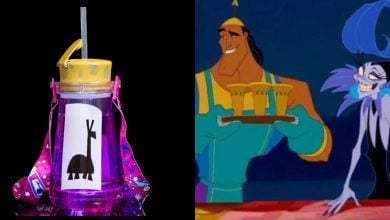 A split image: on the left, a purple water bottle with a yellow lid, straw, and cartoon llama graphic; on the right, two animated characters from "The Emperor's New Groove," one holding cups on a tray.