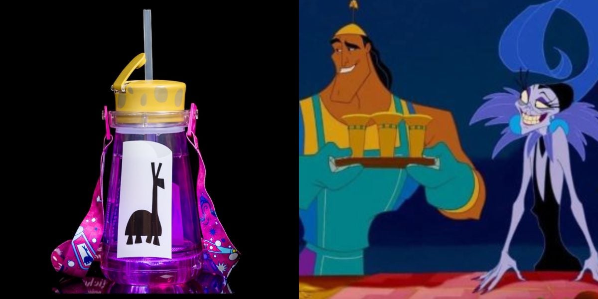 A split image: on the left, a purple water bottle with a yellow lid, straw, and cartoon llama graphic; on the right, two animated characters from "The Emperor's New Groove," one holding cups on a tray.