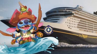 A cartoon pirate Stitch, wearing a pirate hat and holding swords, stands on a wave in front of the Disney Treasure cruise ship on the water.
