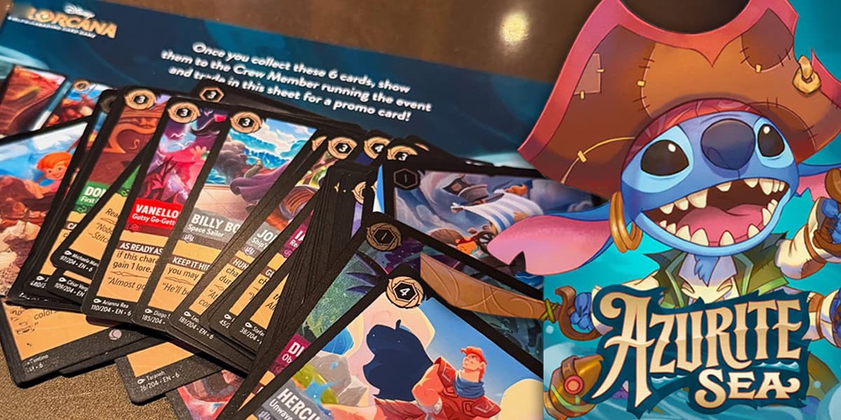 A close-up of Disney Lorcana trading cards spread out on a table, next to a colorful Azurite Sea poster featuring Stitch in a pirate costume. Text on a blue mat offers a promo card for collecting six cards.