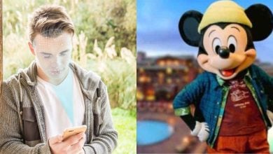 Split image: On the left, a young man using facial recognition on his smartphone outdoors; on the right, someone dressed in a Mickey Mouse costume wearing casual clothes and posing with a hand on hip.