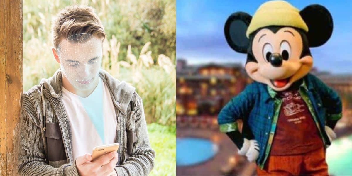 Split image: On the left, a young man using facial recognition on his smartphone outdoors; on the right, someone dressed in a Mickey Mouse costume wearing casual clothes and posing with a hand on hip.