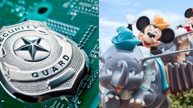 A close-up of a security guard badge on a circuit board is shown on the left, and on the right, people dressed as Disney characters ride a Dumbo attraction at an amusement park.