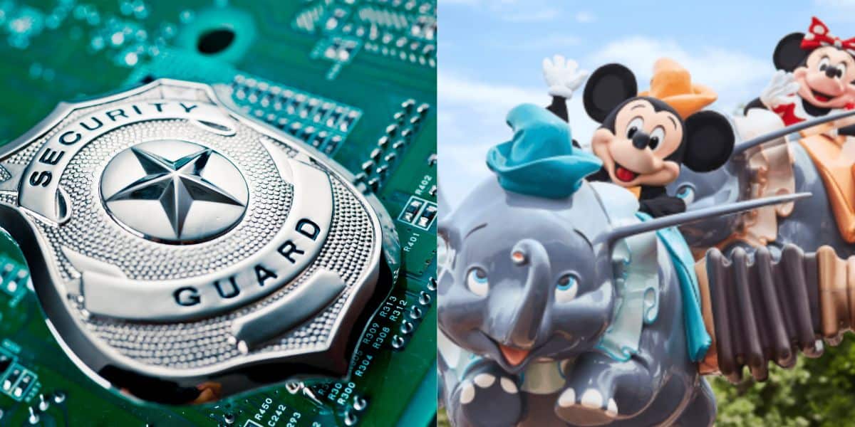 A close-up of a security guard badge on a circuit board is shown on the left, and on the right, people dressed as Disney characters ride a Dumbo attraction at an amusement park.
