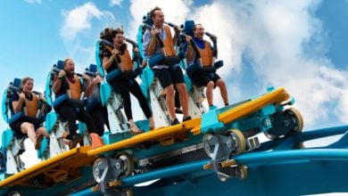 A group of people riding Pipeline: The Surf Coaster at SeaWorld Orlando