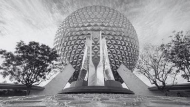 Spaceship Earth at EPCOT in black and white.