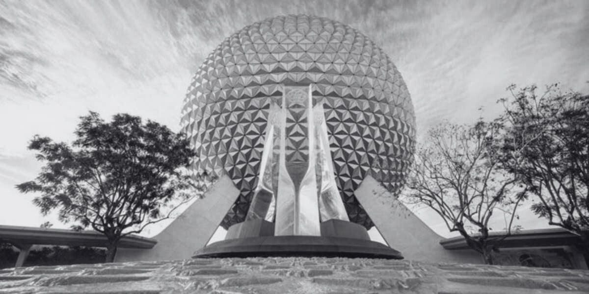 Spaceship Earth at EPCOT in black and white.