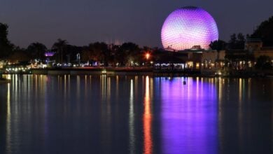 Spaceship Earth lit over the EPCOT World Showcase Lagoon at night.