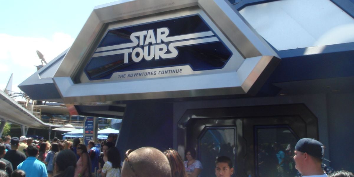 Crowds gather outside the entrance to the "Star Tours: The Adventures Continue" attraction at Disneyland.