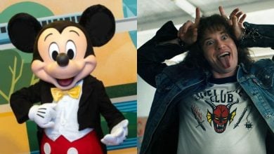 On the left, a person in a Mickey Mouse costume poses and smiles. On the right, a person in a Hellfire Club t-shirt makes a playful face with hands raised like horns and their tongue out.