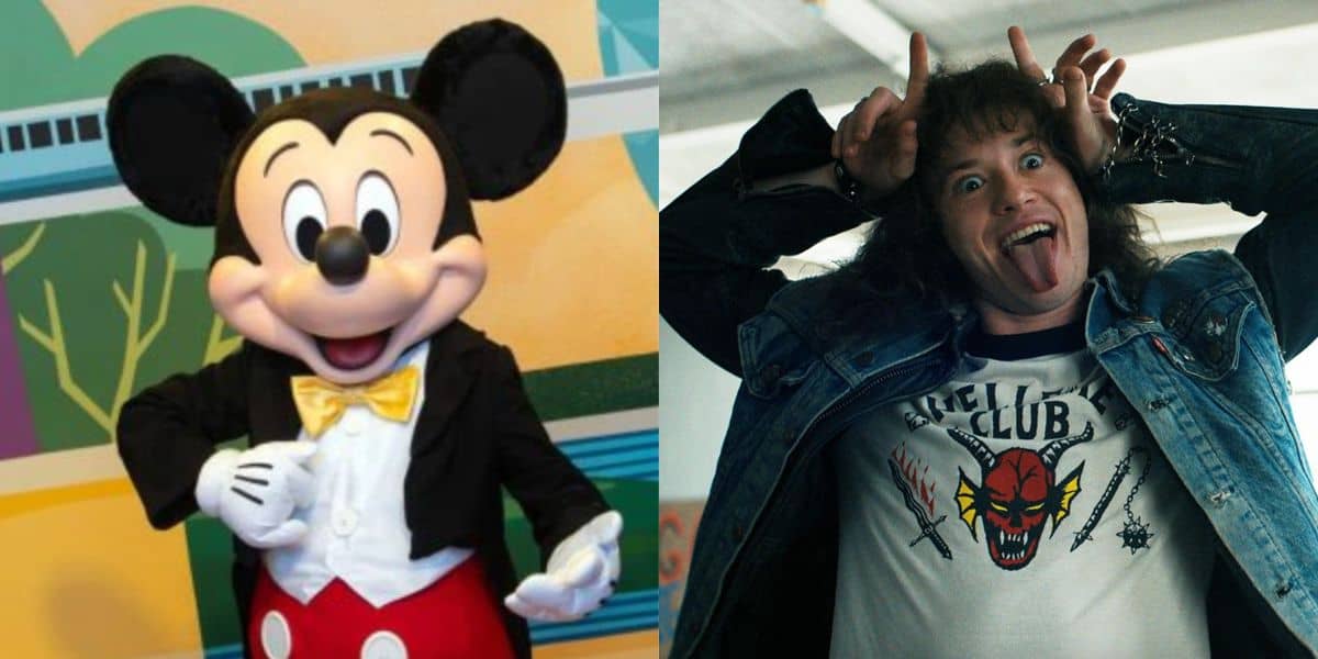 On the left, a person in a Mickey Mouse costume poses and smiles. On the right, a person in a Hellfire Club t-shirt makes a playful face with hands raised like horns and their tongue out.