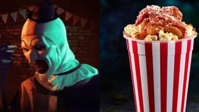 Split image: Left side shows a creepy, sinister clown in white makeup under moody lighting. Right side shows a striped popcorn tub topped with chicken tenders and drizzled with sauce and cheese.