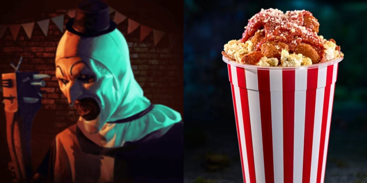 Split image: Left side shows a creepy, sinister clown in white makeup under moody lighting. Right side shows a striped popcorn tub topped with chicken tenders and drizzled with sauce and cheese.