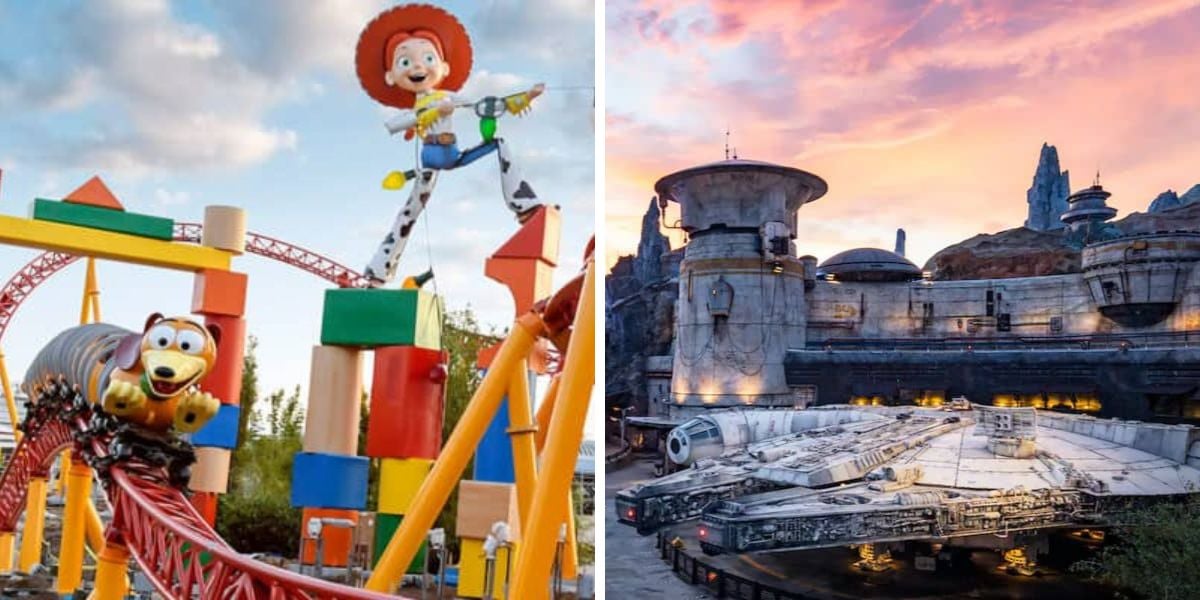 Split image: On the left, Slinky Dog Dash in Toy Story Land. On the right, the Millennium Falcon in Star Wars: Galaxy's Edge. Both photos are from Disney's Hollywood Studios.