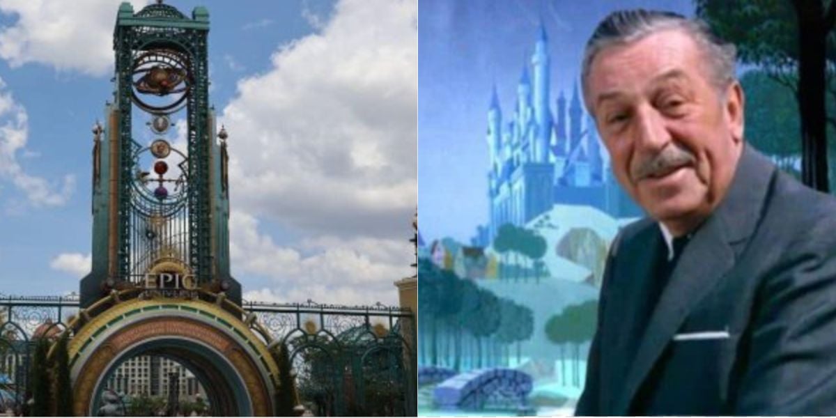 A split image shows an ornate theme park entrance with "EPIC" on its gate, and a man in a suit smiling in front of an illustrated fairytale castle backdrop.