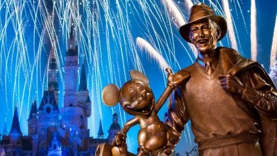 Walt Disney statue in front of Enchanted Storybook Castle