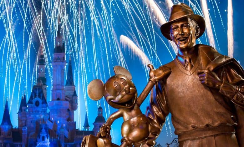 Walt Disney statue in front of Enchanted Storybook Castle