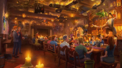 concept art of a lively, candle-lit restaurant with people dining, some dressed as pirates; a pirate swings from a rope while others watch and laugh, giving the IP a festive touch with warm lighting and rustic decor.