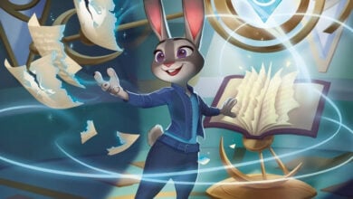 A cartoon rabbit in a blue outfit uses magic to levitate and swirl papers and a glowing book in a mystical, high-tech room filled with floating symbols and light, celebrating the Lorcana anniversary with exclusive new merch for 2025.