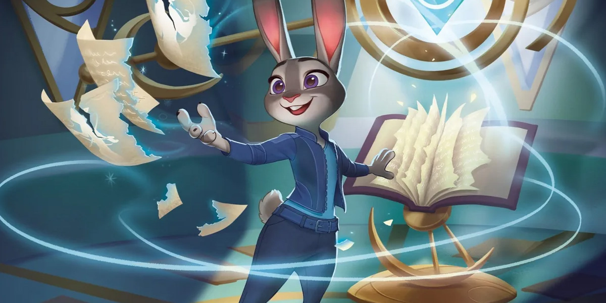 A cartoon rabbit in a blue outfit uses magic to levitate and swirl papers and a glowing book in a mystical, high-tech room filled with floating symbols and light, celebrating the Lorcana anniversary with exclusive new merch for 2025.