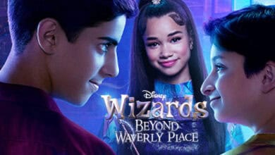 Three teens stand in a magical setting. Two boys face each other, while a girl with long dark hair stands smiling in the background. The text reads, "Disney Wizards: Beyond Waverly Place.