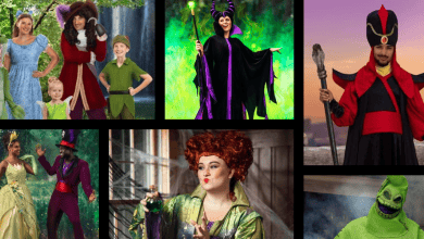 A collage of people in Disney costumes as villains and heroes, including Captain Hook, Maleficent, Jafar, the Shadow Man, Sanderson Sisters, Oogie Boogie, Tiana, and Peter Pan.