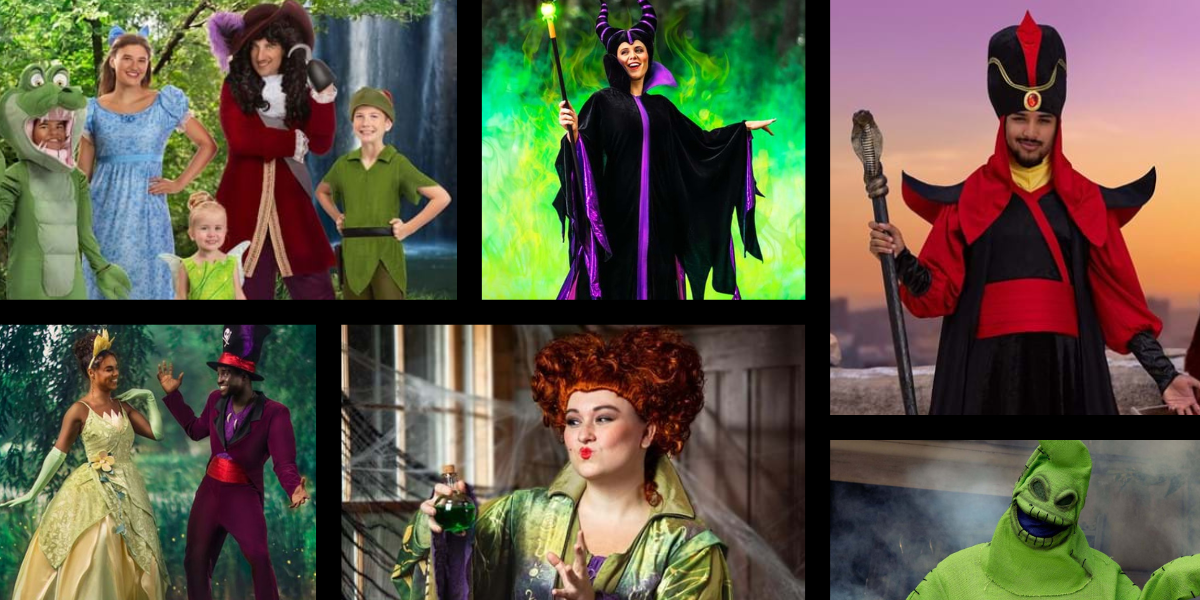A collage of people in Disney costumes as villains and heroes, including Captain Hook, Maleficent, Jafar, the Shadow Man, Sanderson Sisters, Oogie Boogie, Tiana, and Peter Pan.