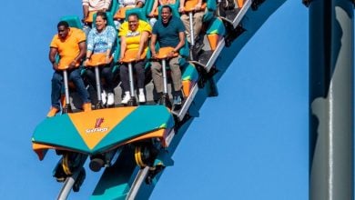 A group of people are riding a roller coaster at Six Flags, gripping the safety bars and expressing excitement and fear as the ride descends steeply under a clear blue sky.