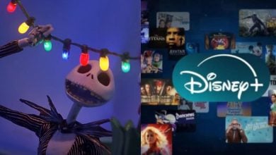 Jack Skellington from "The Nightmare Before Christmas" holds colorful lights on the left, while the Disney+ logo and a collage of movie and show posters appear on the right.