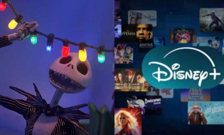 Jack Skellington from "The Nightmare Before Christmas" holds colorful lights on the left, while the Disney+ logo and a collage of movie and show posters appear on the right.