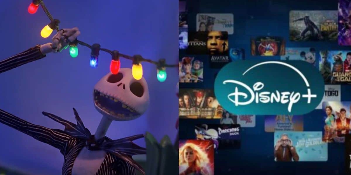 Jack Skellington from "The Nightmare Before Christmas" holds colorful lights on the left, while the Disney+ logo and a collage of movie and show posters appear on the right.