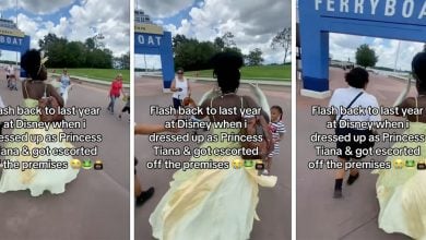 Three images of a woman dressed as Princess Tiana being escorted through the Transportation and Ticket center