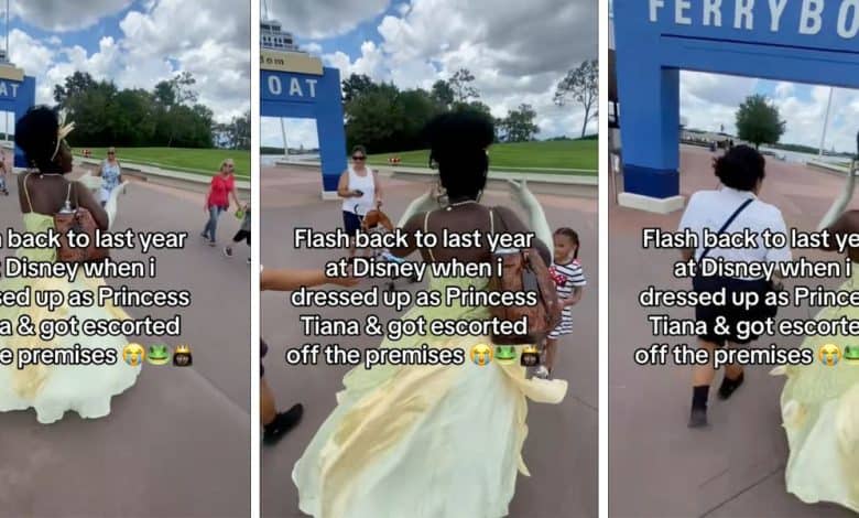Three images of a woman dressed as Princess Tiana being escorted through the Transportation and Ticket center