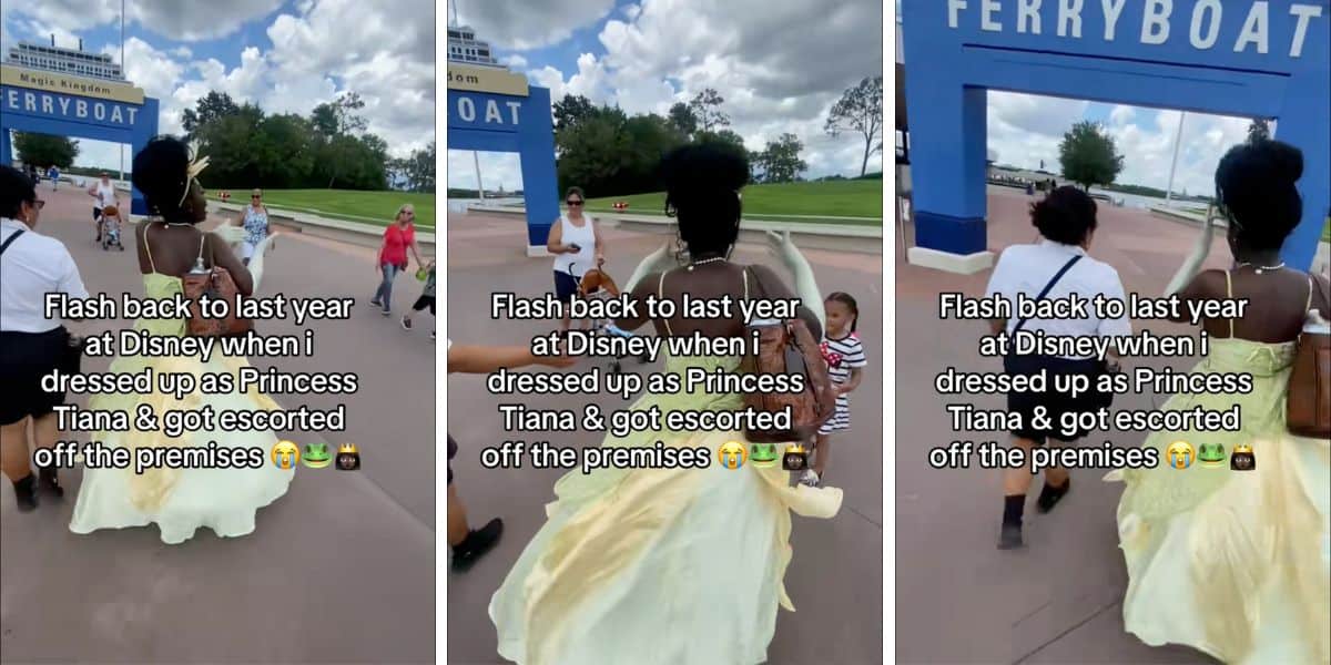 Three images of a woman dressed as Princess Tiana being escorted through the Transportation and Ticket center