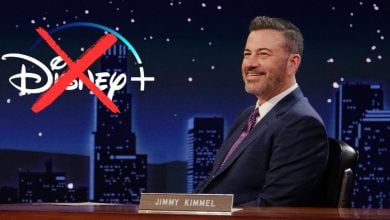 Jimmy Kimmel with an X through the Disney+ logo