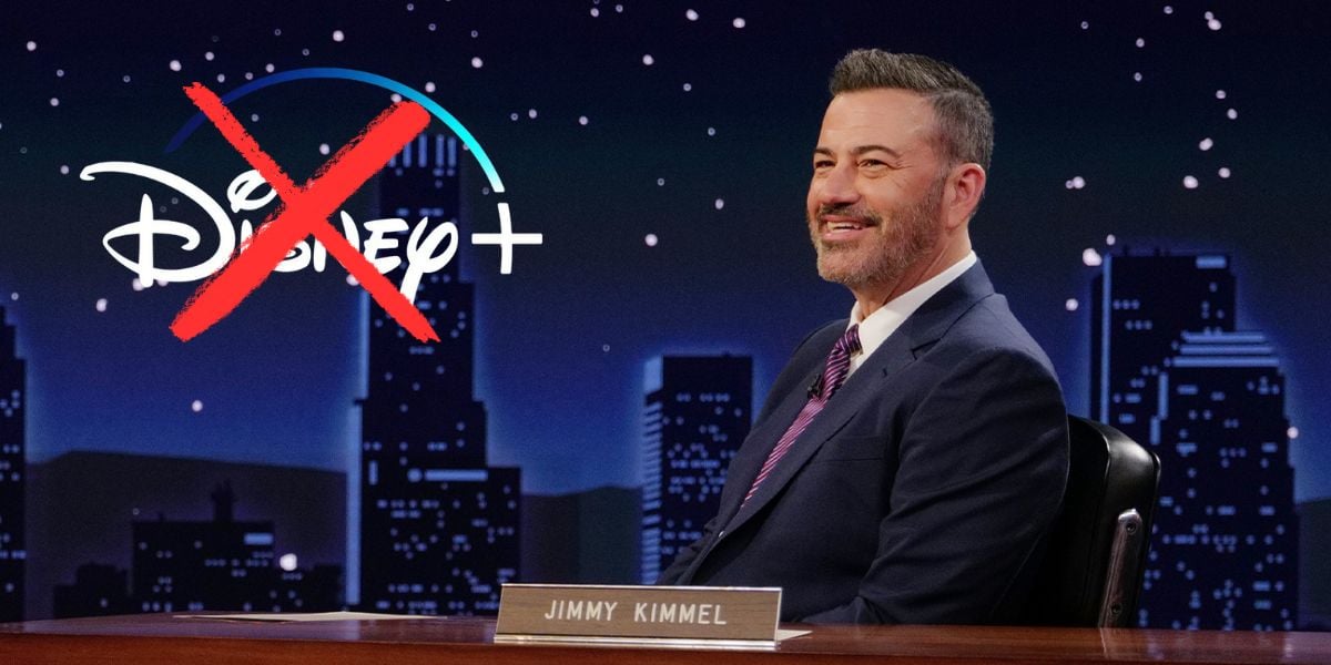 Jimmy Kimmel with an X through the Disney+ logo