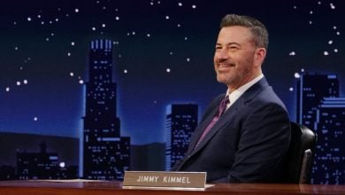 Jimmy Kimmel sits at his desk on Jimmy Kimmel Live!