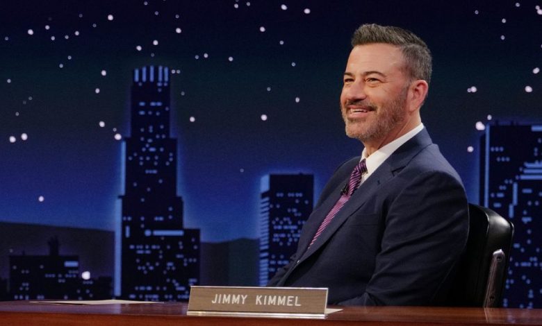 Jimmy Kimmel sits at his desk on Jimmy Kimmel Live!