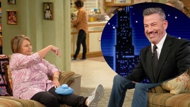 A scene from 'Roseanne' with an insert of an image of Jimmy Kimmel